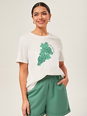 billige T-skjorter-Dame T-skjorte med blomstertrykk i bomull, hvit, kortermet, avslappet topp med rund hals, til hverdagsbruk