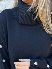 abordables Couleurs unies-Femmes Pull Mode Streetwear Occasionnel Couleur Unie Côtelé Col roulé Boutons Tricoté manche longue Hauts Réguliers Tricoter Extérieur Quotidien Week-end Noir Automne Hiver