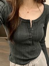 preiswerte Einfarbiges T-Shirt-Damen Bluse Knöpfe Einfarbig Stilvoll Lässig Langarm Rundausschnitt Normale Oberteile Täglich Marineblau Dunkelgray Grau Frühling Herbst Winter