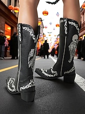 お買い得  女性向け-女性用ハロウィンスケルトン刺繍カウボーイブーツ - コスチュームパーティー、不気味なフェスティバル、夜のストリートスタイルに最適なゴシックウエスタンロングブーツ