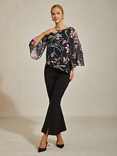 abordables camisas, tops y blusas-Blusa de mujer negra floral, manga 3/4, suelta, cuello redondo, informal, elegante, para vacaciones, primavera, verano y otoño.