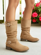 ieftine Cizme Slouch-Ghete largi pentru femei cu barete cu cataramă până la jumătatea gambei – ghete de iarnă în stil vintage din piele întoarsă pentru ținute casual și modă de toamnă