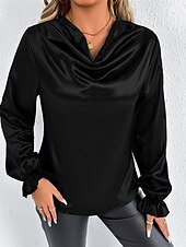 Недорогие Нарядные блузки-Жен. Рубашка Elegant Нарядный Атласный верх Драпировка Сплошной цвет Стиль На каждый день Длинный рукав Вырез-хомут Обычные топы Повседневные На выход Черный Розовый Зеленый Абрикосовый Весна Осень