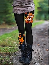 tanie wzór kwiatowy-Damskie Getry Urlop Zabytkowe Moda Pełna długość Wysoka talia Kwiaty Graficzny Kształt listka Drukowanie Keep Warm Miękka Oddychający Elastyczny Urlop Ulica Czarny Pomarańczowy Brązowy Wiosna Jesie