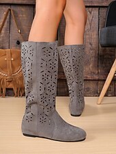 cheap Slouch Boots-Women&#039;s Slouchy Mid-Calf Boots with Floral Cutout Design, Casual Boho Style for Autumn Street and Everyday Wear