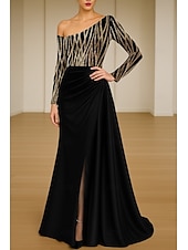 baratos Vestidos de baile-Linha A Vestidos de noite Elegante Traje formal Formal Casamento Cauda Escova Manga Longa Assimétrico Cetim com Pregas Franzido 2025