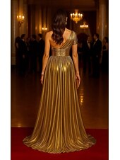 abordables Robes de soirée taille empire-Ligne A Robe de Soirée Élégant Robe de soirée Formel Mariage Traîne Balayage Manche Courte Une Épaule Tissu Lurex avec Froncé 2025