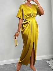 abordables Robe de cocktail-Femmes Robe Longue Maxi Robe Robe de Soirée Robe de Cocktail Robe en Satin Élégant Moderne Soirée Coupe régulière Uni Manche Courte Col en V Noir Jaune Bleu Roi Vert foncé Automne Hiver