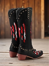 Broderade cowboystövlar i westernstil för kvinnor, svart och röd design med nitar, perfekta för holloween-festivaler, countrykonserter och vardagliga outfits billiga Cowboy & Western Boots-Broderade cowboystövlar i westernstil för kvinnor, svart och röd design med nitar, perfekta för holloween-festivaler, countrykonserter och vardagliga outfits
