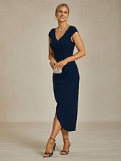 abordables Robe de cocktail-Femmes Robe maxi Robe fourreau Élégant Coupe régulière Couleur Unie Manche Courte Col en V bleu marine Été Printemps