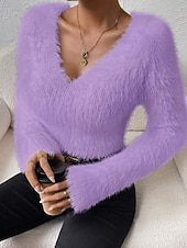 abordables Couleurs unies-Femmes Pull Mode Occasionnel Couleur Unie Côtelé Col en V Tricoté manche longue Hauts Réguliers Tricoter Extérieur Quotidien Week-end Noir Blanche Automne Hiver