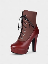 baratos Botas com salto-Botas femininas de salto alto com cadarço cor de vinho – botinhas plataforma estilo brogue vintage com painel de lona para festa e moda de outono