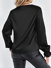 Недорогие Нарядные блузки-Жен. Рубашка Elegant Нарядный Атласный верх Драпировка Сплошной цвет Стиль На каждый день Длинный рукав Вырез-хомут Обычные топы Повседневные На выход Черный Розовый Зеленый Абрикосовый Весна Осень