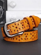 abordables Ceinture pour femme-Ceinture en cuir véritable pour femme – motif floral vintage sculpté avec boucle en métal, accessoire de taille rétro pour jeans, robes et tenues décontractées