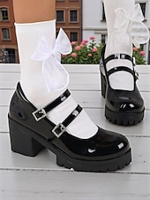 abordables Block Heels-Chaussures Mary Jane à plateforme en similicuir verni noir pour femmes - Double bride à talon épais, style écolière pour la mode Harajuku, le cosplay et le streetwear de tous les jours