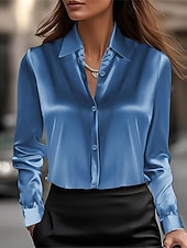  Per donna Camicia Elegant Top in raso A calotta di seta Bottoni Tinta unica Elegante Essenziale Casual Manica Lunga Colletto a Camicia Top Regolari Quotidiano Ferie Blu Argento Nero Bianco Champagne