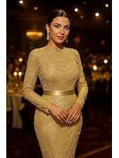 cheap Mermaid Evening Dresses-Mermaid Trumpet Sheath Column Floor Length Prom Dresses Evening Gown Ball Gown Formal Dress Elegant Long Sleeve Crew Neck Wedding Formal Pink Dress Sequined with Beading Sequin