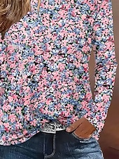 economico T-shirt floreale-Per donna Maglietta Stampato Ombre Floreale Grafico Vintage Elegante Classico Manica Lunga Girocollo Top Regolari Quotidiano Blu Rosa Primavera Autunno Inverno