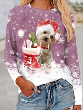 abordables Hauts de Noël-Noël Femmes T-shirt Graphique Chien Noël ancien Mode Élégant manche longue Col ras du cou Col rond Hauts Réguliers Quotidien Week-end Imprimé Bleu Violet Fuchsia Vert Kaki Automne Hiver