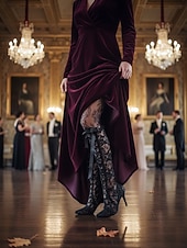 preiswerte Barock &amp; Aussage-Damen-Overknee-Stiefel aus Rokoko-Spitze – elegante Vintage-Stiefel im Stil der 1920er Jahre mit hohem Absatz, Schleife und Stiletto-Stil für Maskenbälle, Opern und Gatsby-Partys