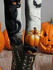 Недорогие Хэллоуинские брюки-Жен. Леггинсы Уютные леггинсы Классический На каждый день Полная длина ЗавышеннаяPantsHalloween Кот Тыква Рисунок Сохраняет тепло Удобный Эластичная Отпуск Повседневные Праздники Белый Осень Зима