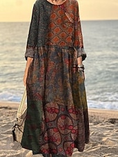 preiswerte Druck Blumen Kleider-Damen Langes Kleid Maxikleid Freizeitkleid Druckkleid Elegant Mode Modern Outdoor Täglich Ausgehen Normale Passform Grafik Langarm Rundhalsausschnitt Rote Blau Orange Braun Frühling Herbst
