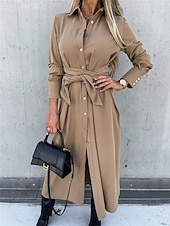abordables Robe Simple-Femmes Robe Midi Robe trapèze Occasionnel Quotidien Coupe régulière Uni manche longue Revers Noir Rouge Vert Abricot Printemps Automne Hiver