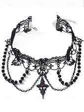 tanie Akcesoria Halloween-Zestaw damski naszyjnik i kolczyki w stylu gotyckim z koronką na Halloween – czarna koralikowa biżuteria wampirza na imprezę kostiumową i cosplay