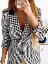 billiga Blazers och kostymer-Dam Kavaj Bekväm Ficka Elegant Mode Utomhus Galler Utekväll Ledigt / vardag Helgen Dubbelknäppt Normal Kavajslag Normal Långärmad Ytterkläder Rubinrött Blå Mörkblå Vår Höst