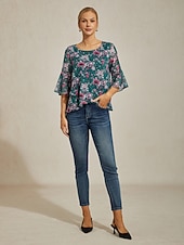 economico camicie, top e camicette-Femminile Floreale Casuale Verde Stampa Manica 3/4 Elegante Il giro Estate Primavera Autunno