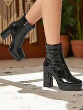 abordables Bottes-Bottines à plateforme en similicuir marron pour femme, effet croco, talon bloc, style rétro avec fermeture éclair latérale, idéales pour les fêtes, le streetwear et les tenues automne-hiver