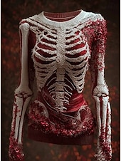 billige Grafiske mønstre og detaljer-Kvinners Genser Søtt Gateklær Løs Grafisk Skjelett Rund U-hals Patchwork Strikket Lang Erm Vanlige Topp Strikk Svart Rød Høst Vinter