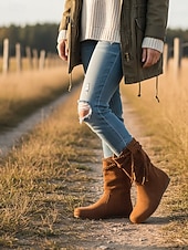 olcso Slouch Boots-Női velúr csizma, fonott bojtos részletekkel, bohém lezser stílusú, kényelmes, lapos talpú cipő, női városi utcai viseletre és mindennapi viseletre.