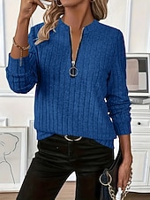 billige Enkle topper-Dame Genser med genser عادي Fritid Langermet V-hals Vanlige topper Gate Hverdag Glidelås Svart Hvit Rød Blå Grønn Høst Vinter