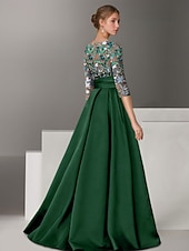 economico Abiti da Sera a Linea A-Abito da Sera A-Line Ricamato Floreale Elegante Formale Matrimonio Lungo Fino al Pavimento Mezza Manica Collo a Camicia di Satin con Fiocco(e) Spacco
