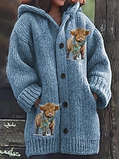 billige 3D Cardigan-Dame Genser Kofte Fritid Myk Grafisk Riflet Med hette Lomme Knapper Strikket Langermet Lange topper Strikke utendørs Daglig Helg Hvit Blå Høst Vinter