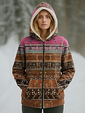 billiga Fleece-fodrade jackor-Kvinnors vinterjacka varm dragkedja ficka tryck avslappnad blommig avslappnad vanlig huva vanlig passform lång ärm ytterkläder rosa blå lila höst vinter