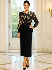 abordables Ensembles de robes pour maman-Deux Pièces Ensembles de Robes Robe de Mère de Mariée  Élégant ancien Col ras du cou Longueur thé Chiffon manche longue avec Imprimé