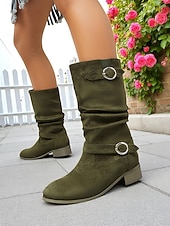 ieftine Cizme Slouch-Ghete largi pentru femei cu barete cu cataramă până la jumătatea gambei – ghete de iarnă în stil vintage din piele întoarsă pentru ținute casual și modă de toamnă