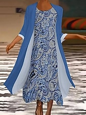 tanie Sukienka boho-Damskie Zestaw sukienek Sukienka maxi Sukienka A line Codzienny Graficzny Plemienny Nadruk Sukienka midi Rękaw 3/4 Półgolf Codzienny Niebieski Fioletowy Zielony Lato Wiosna Regularny