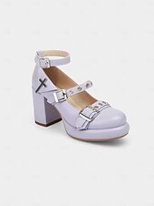 お買い得  女性向け-バックルストラップとクロスディテールを備えた女性用ゴシックプラットフォームメリージェーンヒール - ハロウィーン、コスプレ、ロックミュージックフェスティバルに最適な黒のチャンキーハイヒール