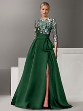 economico Abiti da Sera a Linea A-Abito da Sera A-Line Ricamato Floreale Elegante Formale Matrimonio Lungo Fino al Pavimento Mezza Manica Collo a Camicia di Satin con Fiocco(e) Spacco