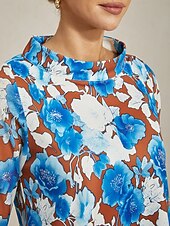 baratos camisas, tops e blusas-blusa feminina chiffon romano torcido emendado estampa floral azul gola barco manga três quartos curta