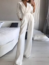 olcso nyaralás jumpsuit-Női Szabályos Jumpsuitek Utcai sikk Tömör szín Hosszú ujj V-alakú Zseb Utca Napi Normál Fekete Fehér Bor Nyár