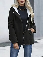 billiga Fleece-fodrade jackor-Dam Vinterkappa Fleece-jacka Bekväm Andningsfunktion Ficka Ledigt Slät Semester Gata Ledigt Dagliga kläder Dragkedja Normal Huva Normal Långärmad Ytterkläder Svart Blå Kaki Vår Höst