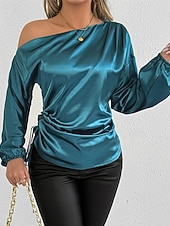  Mulheres Camisa Social Elegant Elegante Top de cetim Assimétrico Côr Sólida Elegante à moda Básico Manga Longa Ombro a Ombro ombro frio Tops regulares Diário Para Noite Azul Primavera Outono