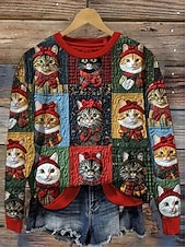 Women's Pullover Sweatshirt Cat Christmas Active Vintage Casual Long Sleeve Crew Neck Regular Tops Street Dailywear Casual Print Yellow Red Fall Winter4