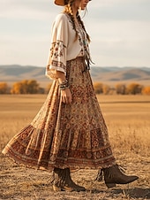 Χαμηλού Κόστους Καουμπόη και δυτικές μπότες-Γυναικείες καφέ μπότες μέχρι το γόνατο με κρόσσια από τεχνητό δέρμα, λεπτομέρειες με τρουκς και χαμηλά τακούνια, μποέμ παπούτσια σε στιλ καουμπόι γουέστερν