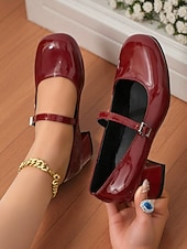 billige 1950-talls retro-Damesko med burgunderfargede Mary Jane-hæler i lakkskinn – vintage pensko fra 50-tallet med blokkhæl og spenne for jenter, cosplay og festantrekk