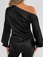 baratos Blusas Elegantes-Mulheres Camisa Social Elegant Elegante Top de cetim Assimétrico Tecido à moda Casual Manga Longa ombro frio Tops regulares Diário Para Noite Preto Verde Primavera Outono